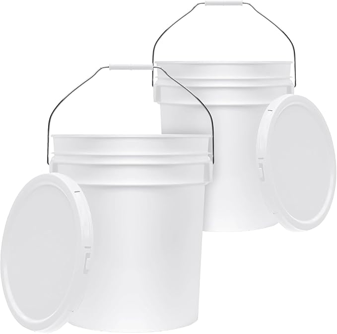 5-Gallon White Bucket Pail Container with Lid | Food Grade | Heavy-Duty 90MIL Extra Durable | Metal Handles with Plastic Grip for Easy Carrying | Multi-Use | Easy Stack and Store | BPA Free - 2 Pack