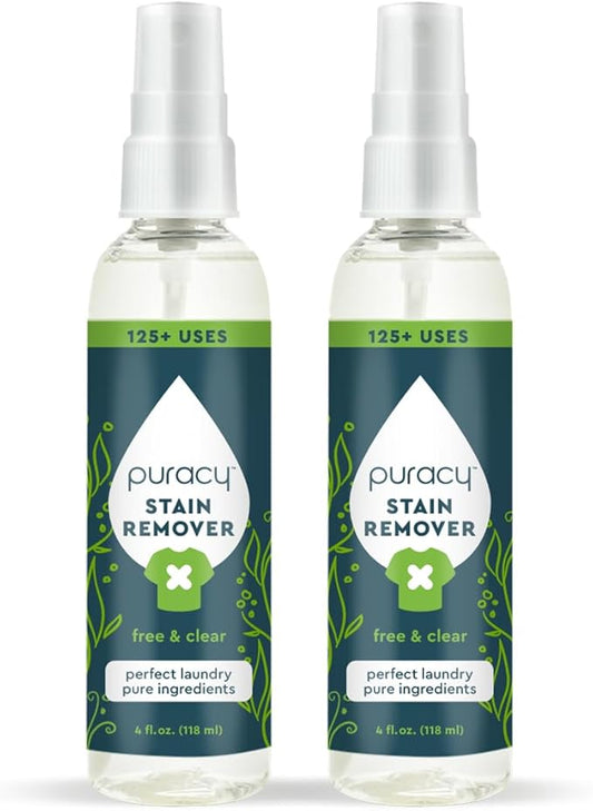 Puracy Stain Remover, Natural Travel and Laundry Stain Cleaner for Clothes, Baby Essentials, Kids Stains, Oil and Fabric Spot Cleaner, Unscented (Stain Remover Spray, 4 fl oz, 2 Pack)
