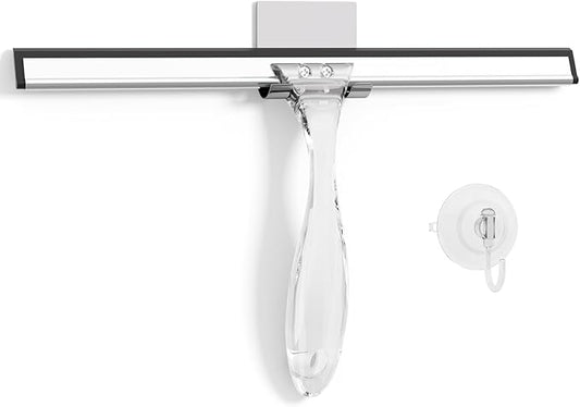 AmazerBath Shower Squeegee for Glass Doors, All-Purpose Squeegee with Suction Hook & Adhesive Hook, Clear Squeegee for Shower Glass, Windows, Mirrors, Tiles and Car Windows - 12 Inches, Clear