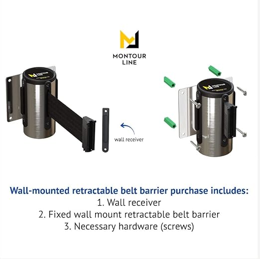 Montour Line WM115 Wall Mounted Retractable Belt Barrier with Standard Belt End, Fixed Mount, Polished Stainless Steel Casing (8.5 ft Light Brown Belt)