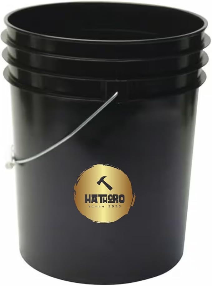 5 Gallon Food Grade Plastic Bucket, Open Head Pail with Handle, 12-3/8 in Diameter x 14-3/4 in Height (Black, 1 Pack)