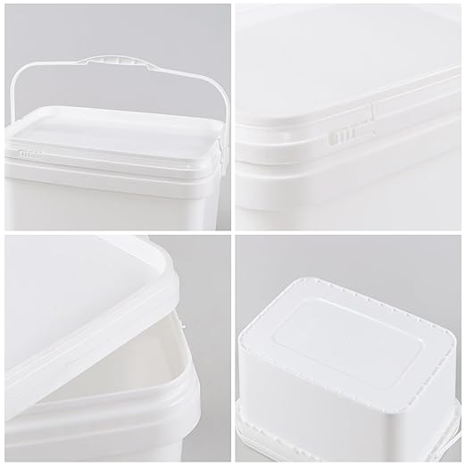 4 Pcs 3 Gallon Food Grade Bucket with Lid, Rectangular Bucket Pail with Plastic Handles for Storing Dry Food, Charcoal, Camping, Fishing (White)