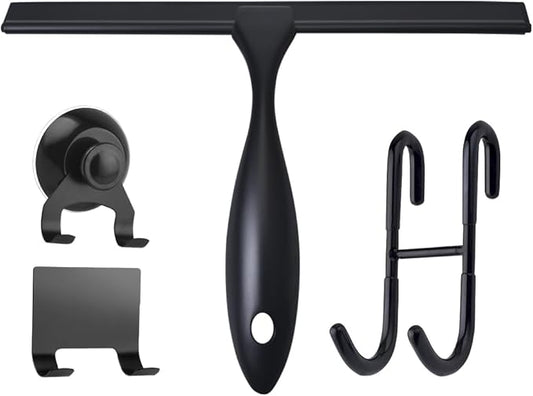 12'' Light Weight Stainless Steel Shower Squeegee for Glass Doors with 4 Pieces Set (1 Window Squeegee, 1 Door Hook and 2 Adhesive Hooks) Perfect Cleaning Tool for Car, Window, Bathroom Mirror