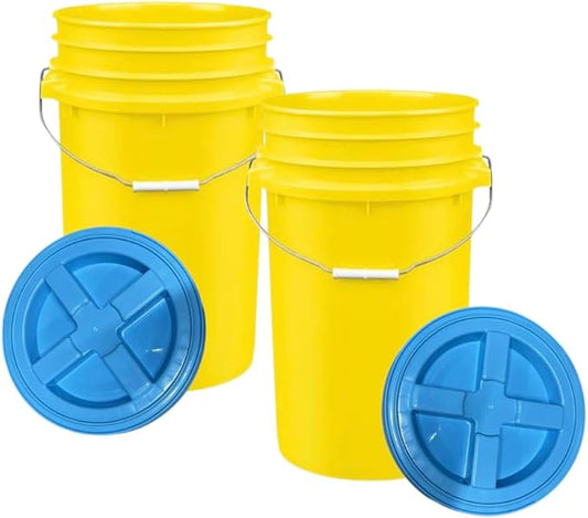 House Naturals Plastic Food Grade Made in USA Bucket with lid, Large 7 Gallon Container Comes with Screw On Lid (2, Yellow with Aqua lid)