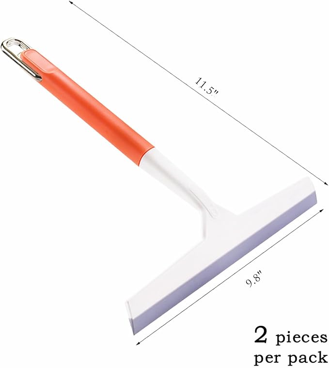 11.5 Inch Silicone Squeegee for Shower - Orange Non-Slip Handle Windshield Scraper Window Cleaner for Glass, Tiles, and Countertops - Streak-Reducing Home Cleaning Tool, 2pcs