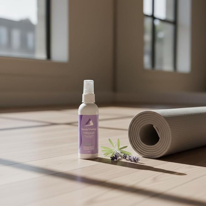 SwaytAway Fitness Mat Mist – 4oz Travel Size Yoga Mat Spray with Towel - (Pack of 2) – Aromatherapy-Inspired Lavender and Patchouli Blend – Plant-Based, No Rinse, Refreshes & Deodorizes