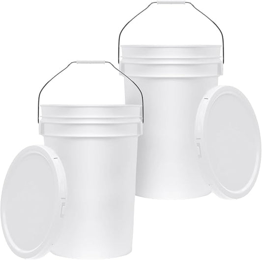 6.5-Gallon White Bucket Pail Container with Lid | Food Grade | Heavy-Duty 90MIL Extra Durable | Metal Handles with Plastic Grip for Easy Carrying | Multi-Use | Easy Stack and Store | BPA Free - 2 Pack