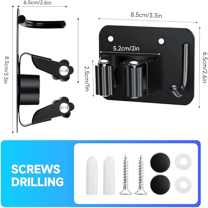 2-Pack Broom Holder with Heavy Duty Hooks, Upgraded Stainless Steel Mop Hanger. Wall Mount Utility Tool Rack for Kitchen Garden Laundry Garage. Matte Black.