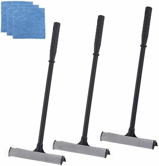 Matthew All Purpose Window Squeegee w/Premium Microfiber Cloth 3Pcs,Car Squeegee Windshield Cleaning Sponge and Rubber Squeegee,2-in-1 Window Cleaner Sponge(10'') and Soft Rubber With Pole 20''(3Pack)
