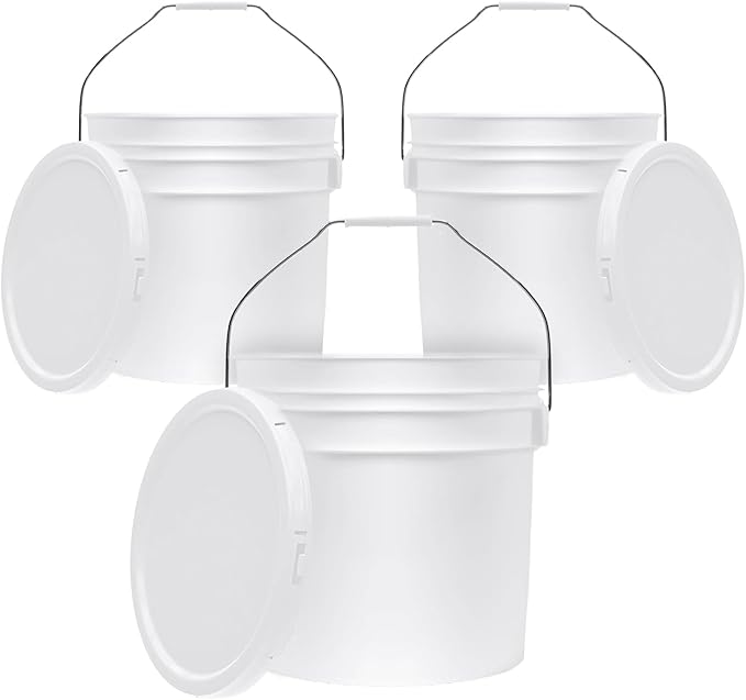 3.5-Gallon White Bucket Pail Container with Lid | Food Grade | Heavy-Duty 90MIL Extra Durable | Metal Handles with Plastic Grip for Easy Carrying | Multi-Use | Easy Stack and Store | BPA Free - 3 Pack