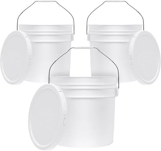 3.5-Gallon White Bucket Pail Container with Lid | Food Grade | Heavy-Duty 90MIL Extra Durable | Metal Handles with Plastic Grip for Easy Carrying | Multi-Use | Easy Stack and Store | BPA Free - 3 Pack