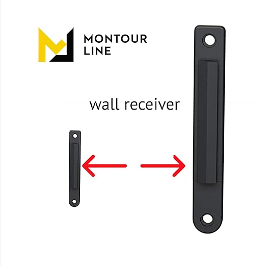 Montour Line WM115 Wall Mounted Retractable Belt Barrier with Standard Belt End, Fixed Mount, Polished Stainless Steel Casing (8.5 ft Black and Orange Diagonal Belt)
