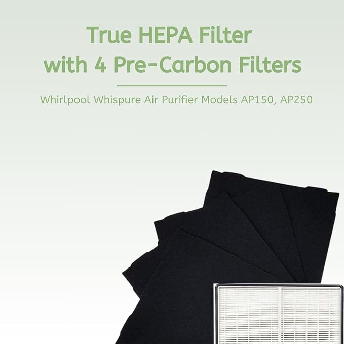 Nispira True HEPA Filter (Small) with 4 Pre-Carbon Filters Compatible with Whirlpool Whispure Air Purifier Models AP150 AP250 AP25030K APR25530L Compared to Part # 1183051 1183051K Small Filter. 1 Set