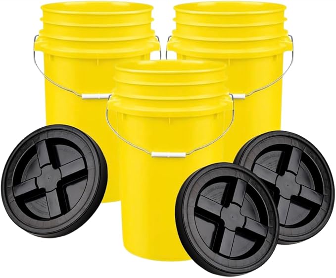 House Naturals Plastic Food Grade Made in USA Bucket with lid, Large 7 Gallon Container Comes with Screw On Lid (3, Yellow with Black lid)