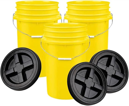 House Naturals Plastic Food Grade Made in USA Bucket with lid, Large 7 Gallon Container Comes with Screw On Lid (3, Yellow with Black lid)