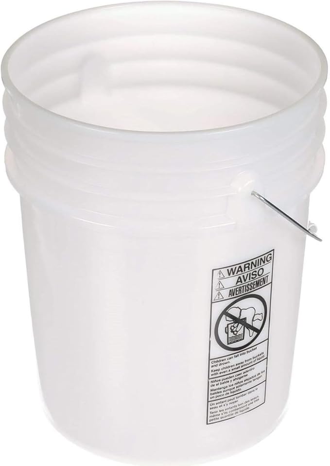 5 Gallon Food Grade Plastic Bucket, Open Head Pail with Handle, 12-3/8 in Diameter x 14-3/4 in Height (White, 2 Pack)