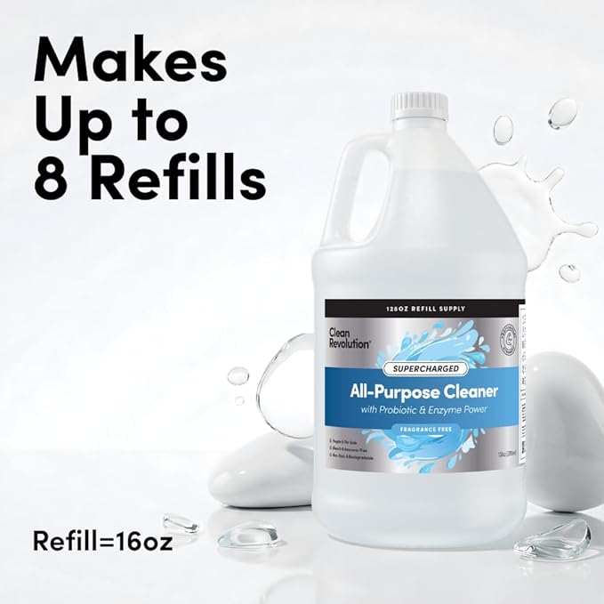 Clean Revolution SuperCharged All Purpose Cleaner Refill with Smart Probiotic + Enzyme Complex, Multi-Surface Kitchen Bathroom & Floor Cleaner, Fragrance Free, 128 Fl Oz (Pack of 1)