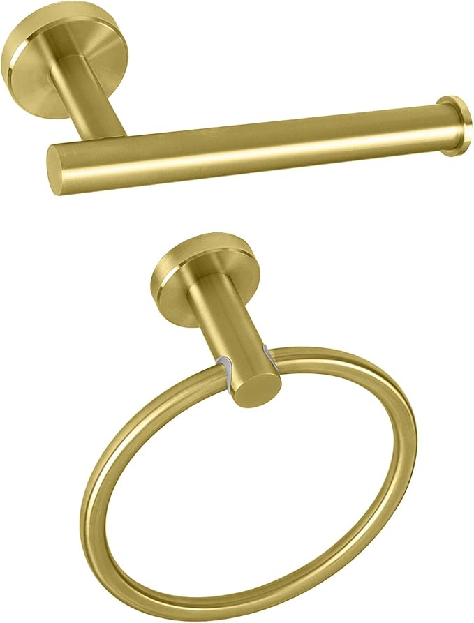 NearMoon 2 Pieces Bathroom Hardware Accessories, Towel Ring and Toilet Paper Holder- Stainless Steel Bath Towel Hanger and Hand Towel Holder, Wall Mounted (Brushed Gold)
