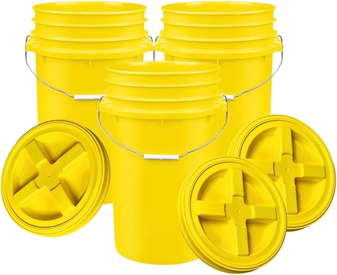 House Naturals Plastic Food Grade Made in USA Bucket with lid, Large 7 Gallon Container Comes with Screw On Lid (3, Yellow with Yellow lid)