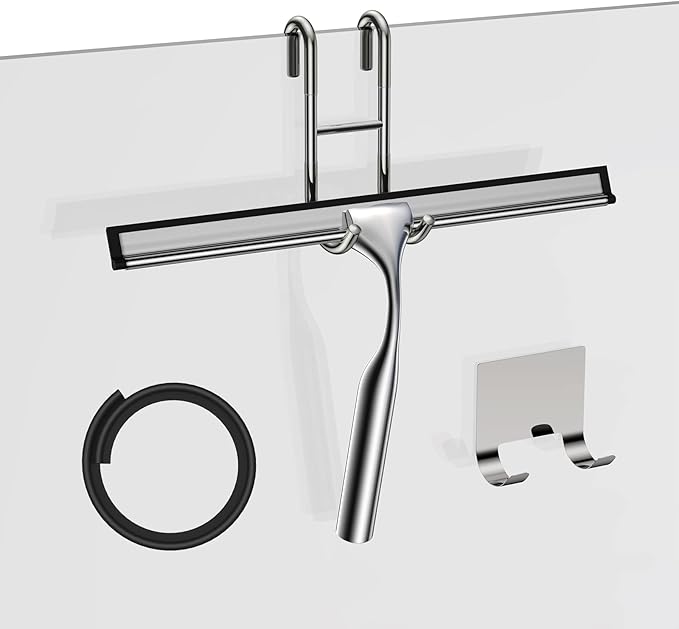 Stainless Steel Squeegee for Shower Glass Doors, 10-Inch All-Purpose Squeegee with Replacement Blade and Matching Hooks Holder, Silver