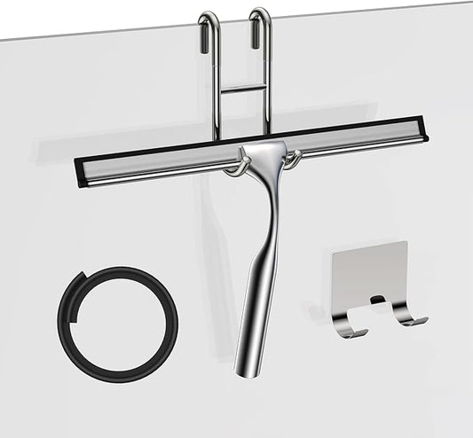 Stainless Steel Squeegee for Shower Glass Doors, 10-Inch All-Purpose Squeegee with Replacement Blade and Matching Hooks Holder, Silver