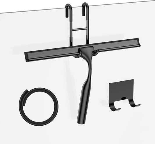 Shower Squeegee for Glass Doors, 10-Inch Stainless Steel Squeegee Bathroom Doors Mirror Car Windows with Matching Hooks Holder and Replacement Blade (Black)