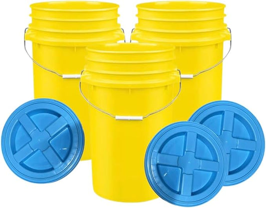 House Naturals Plastic Food Grade Made in USA Bucket with lid, Large 7 Gallon Container Comes with Screw On Lid (3, Yellow with Aqua lid)
