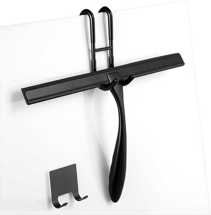 Shower Squeegee for Glass Doors,10-Inch Shower Glass Squeegee, Matte Black Shower Squeegee for Shower Doors,Mirror,Windows, with Shower Door Hook and Adhesive Hook
