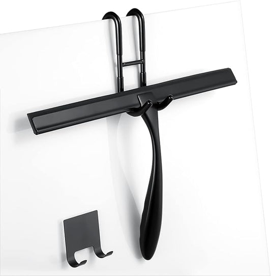 Shower Squeegee for Glass Doors,10-Inch Shower Glass Squeegee, Matte Black Shower Squeegee for Shower Doors,Mirror,Windows, with Shower Door Hook and Adhesive Hook