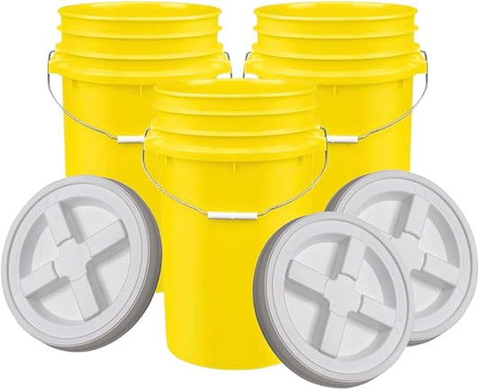 House Naturals Plastic Food Grade Made in USA Bucket with lid, Large 7 Gallon Container Comes with Screw On Lid (3, Yellow with White lid)