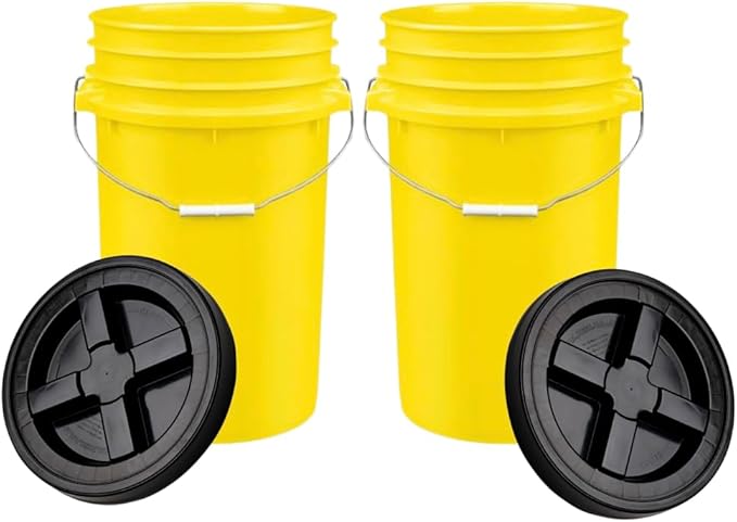 House Naturals Plastic Food Grade Made in USA Bucket with lid, Large 7 Gallon Container Comes with Screw On Lid (2, Yellow with Black lid)