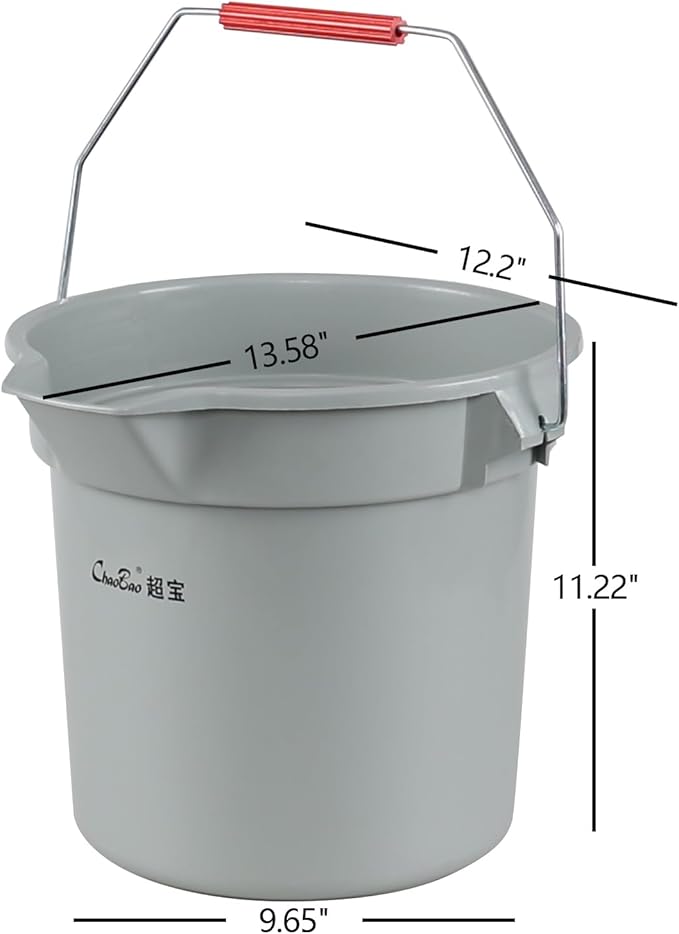4 Pcs Plastic Commercial Pail with Handle for Cleaning, 14 Quart Sturdy Spout Pail Bucket, Gray