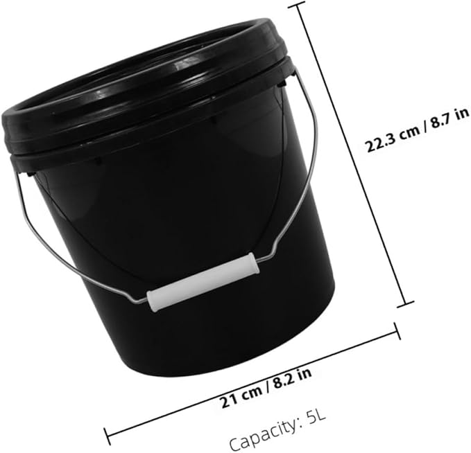 TEHAUX Heavy Duty Plastic Bucket with Lid 5l, Portable Sealed Household Water Container, Thickened Black Pail for Cleaning and Storage