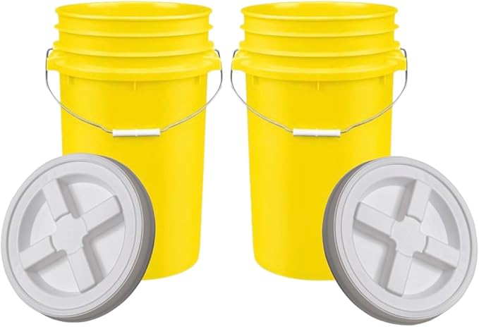 House Naturals Plastic Food Grade Made in USA Bucket with lid, Large 7 Gallon Container Comes with Screw On Lid (2, Yellow with White lid)
