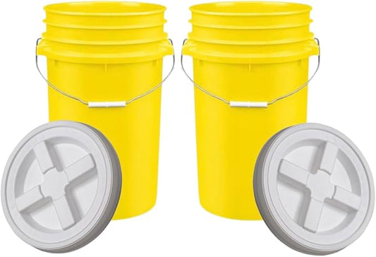 House Naturals Plastic Food Grade Made in USA Bucket with lid, Large 7 Gallon Container Comes with Screw On Lid (2, Yellow with White lid)