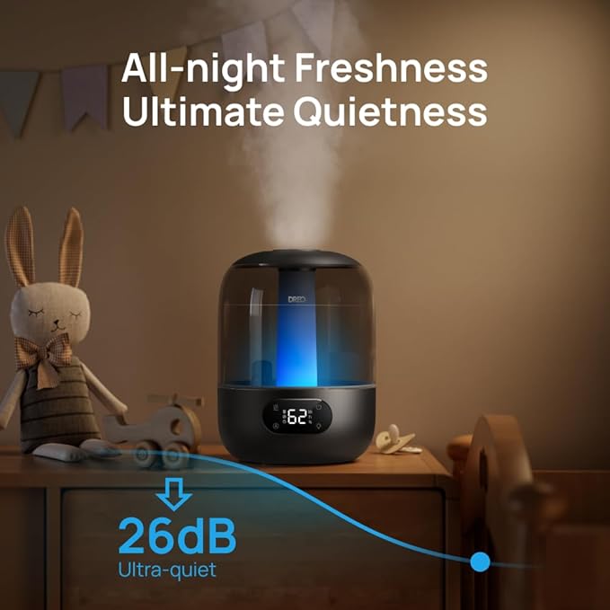 DREO Humidifiers for Bedroom, 3L Top Fill 30H & 26dB Quiet Runtime for Large Room, Cool Mist Ultrasonic Humidifier with Humidity Sensor, Night Light for Home, Baby, Nursery, Plants, 360° Nozzle, Black