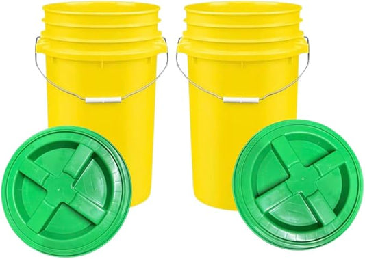 House Naturals Plastic Food Grade Made in USA Bucket with lid, Large 7 Gallon Container Comes with Screw On Lid (2, Yellow with Green lid)