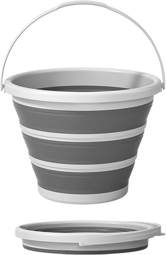 Collapsible Bucket with Handle, 2.6 Gallon Foldable Water Bucket for Car Wash, Cleaning, Camping and Outdoor, Gray and White