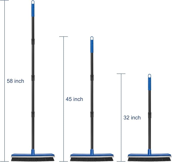 16 Inch 2-in-1 Squeegee Push Broom Outdoor Deck Brush 58" Long Handle for Patio Garage Warehouse Driveway Concrete Floor Cleaning Scrubbing(Blue)