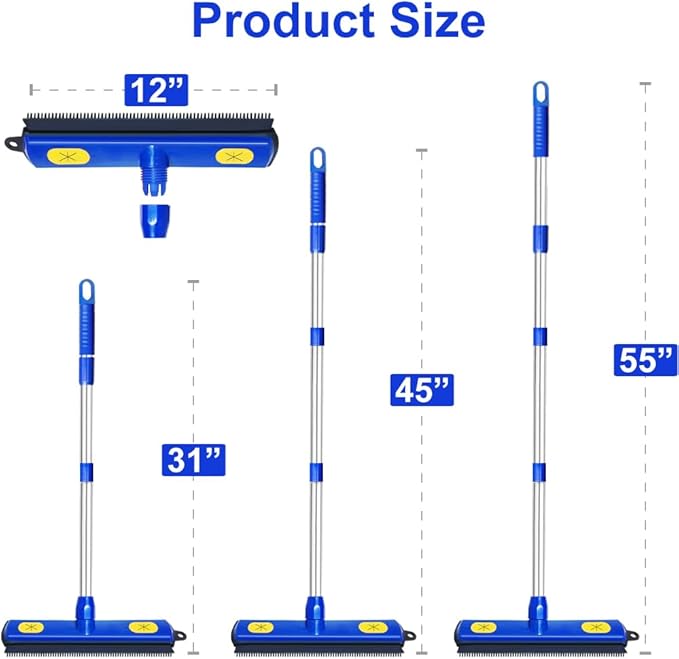 Pet Hair Removal Broom - with 58" Telescopic Handle Broom with Squeegee - Fur Hair Remover Tool for Carpet Rugs, Mats. Hardwood, Tile, Window