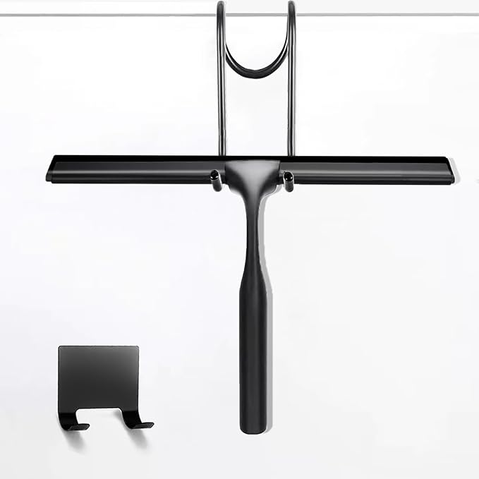 10-Inch Shower Squeegee for Glass Doors, Stainless Steel Shower Squeegee with Shower Door Hook & Adhesive Hook, Multi-Purpose Bathroom Squeegee for Glass, Door, Mirror and Window (Black)