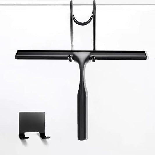 10-Inch Shower Squeegee for Glass Doors, Stainless Steel Shower Squeegee with Shower Door Hook & Adhesive Hook, Multi-Purpose Bathroom Squeegee for Glass, Door, Mirror and Window (Black)
