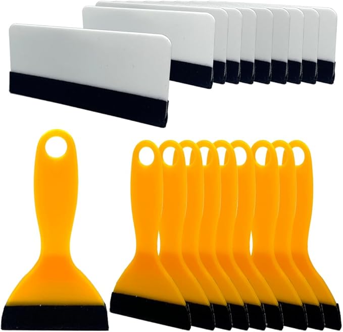 Black Felt Edge Squeegee Tool,Car Vinyl Film Wrapping Decal Glass Window Tint,Wallpaper Sticker Installation Spatula, Patching Putty Paint Flexible Small Plastic Scraper(Yellow 10Pcs,White 10Pcs)