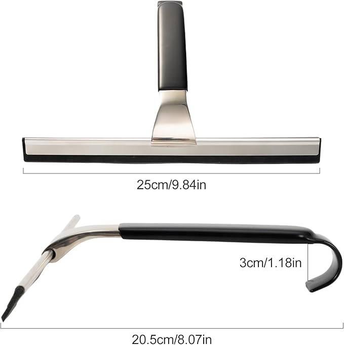 10" Wide Stainless Steel All-Purpose Shower Squeegee for Glass Doors, Shower Glass Squeegee with Hook, Squeegee for Shower Glass, Tile, Bathroom, Car Glass, Mirror