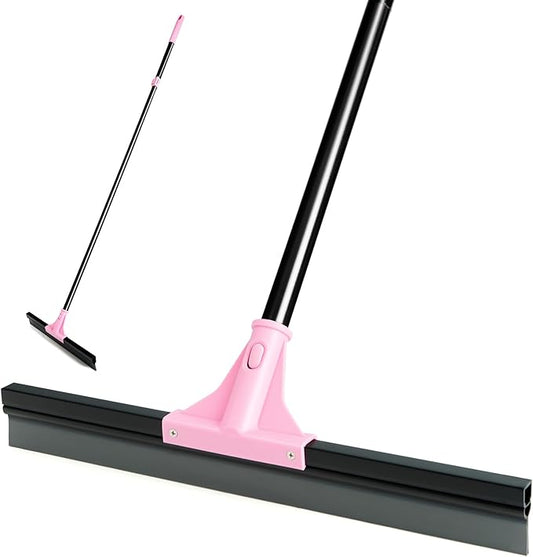 17.3'' Floor Squeegee Shower Broom, Heavy Duty Rubber Scraper with Extendable Handle, Large Sweeper for Bathroom, Tile Floor, Window, Patio, Garage, Deck (Black Pink)