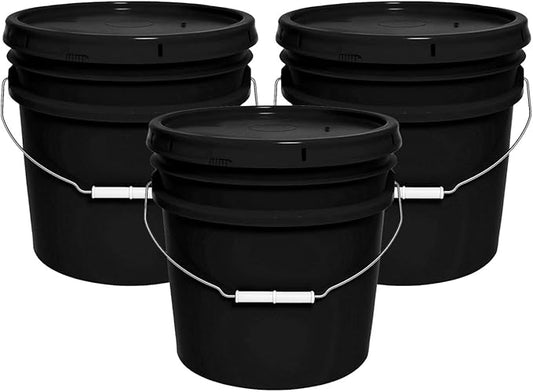 3.5-Gallon Bucket with Airtight Lid – Heavy-Duty Durable Pail – Made in USA – Premium Quality HDPE – Food Grade – BPA Free – Metal Handle with Plastic Grip – Stackable – Multi-Use – Black, 3 Pack