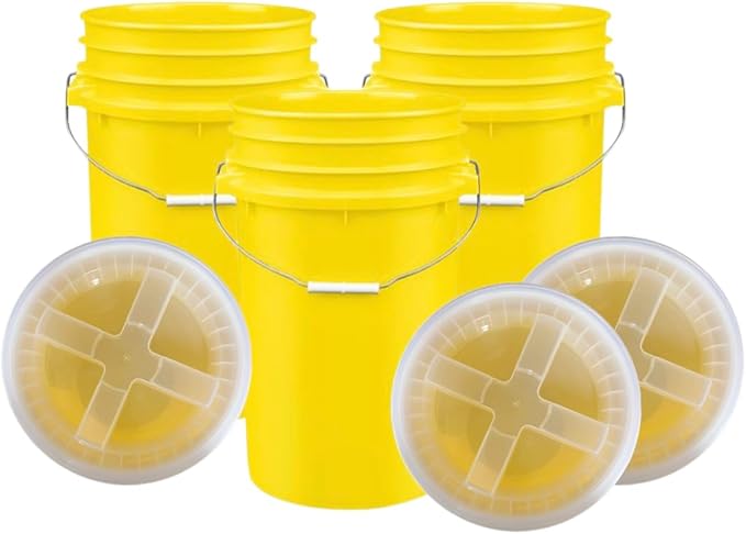 House Naturals Plastic Food Grade Made in USA Bucket with lid, Large 7 Gallon Container Comes with Screw On Lid (3, Yellow with Clear lid)