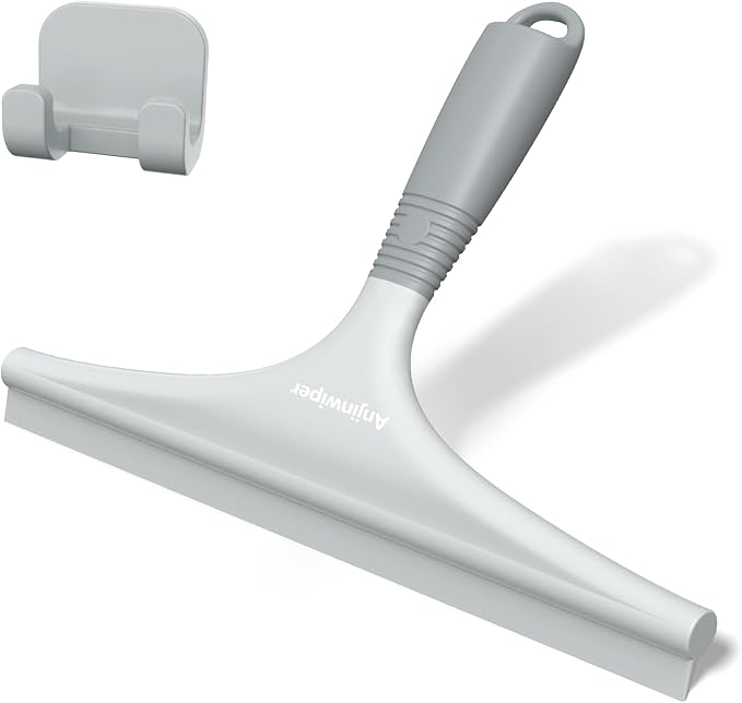 Silicone Shower Squeegee for Glass Doors with Hook, Window Squeegee for Shower Doors, Kitchen, Mirrors and Tiles, Glass Squeegee Bathroom Shower(10 inch, Gray)