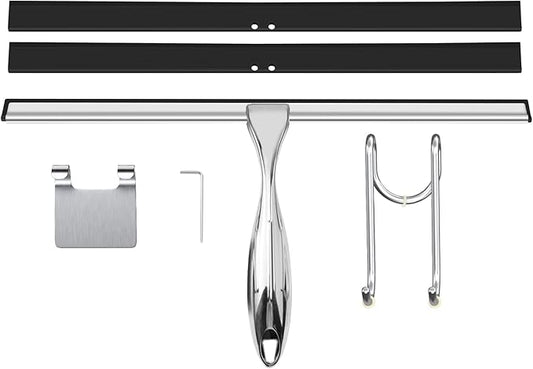 TOOVEM 14 Inch Shower Squeegee for Glass Doors, Window, Bathroom, Car Windshield, Shower Cleaning Tools with S Hook, Square Sticky Hook (Silver)