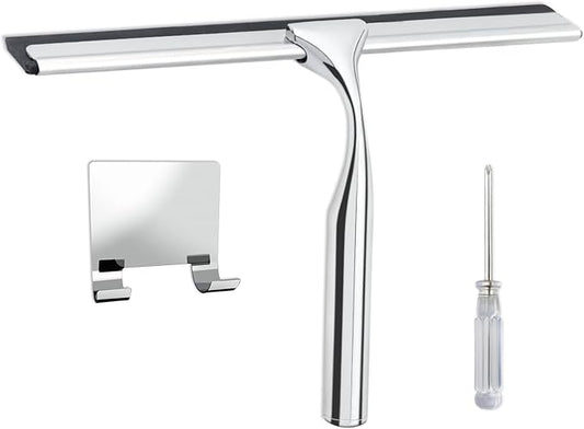 Shower Squeegee for Glass Doors,Stainless Steel Shower Door Squeegee,Windows, Mirrors, Car Windows, Tile Shower Walls, 10 Inch Silver,Durable Includes Shower Door Adhesive Hook